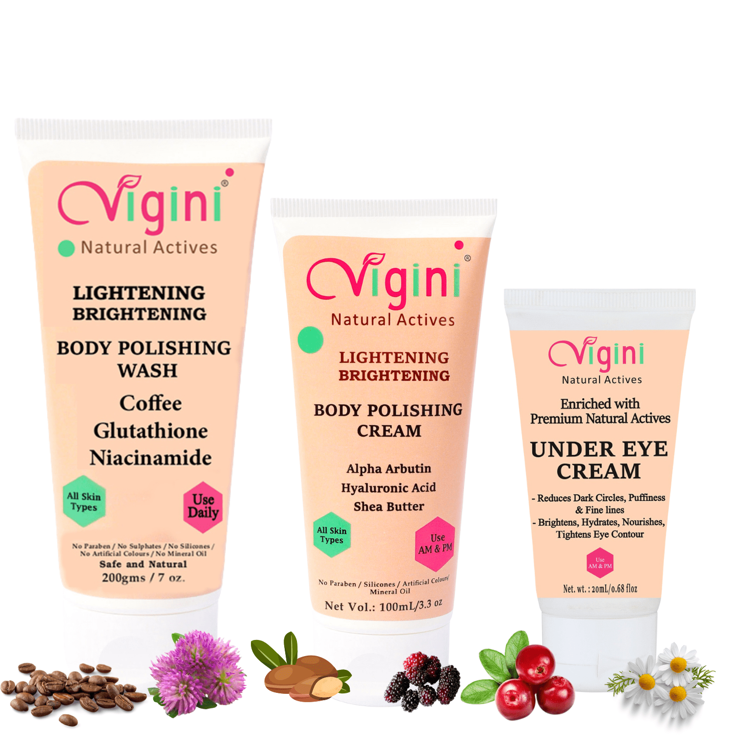 Skin Whietning Brightening Body Polishing Scrub Wash 200gm, Under Eye Dark Circle Removal Cream 20gm and Body Polishing Cream 100ml